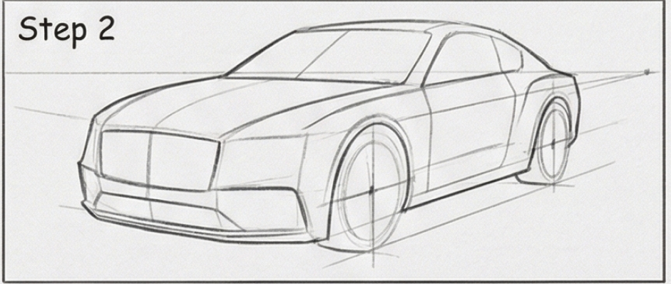 Car drawing tutorial step 2: pencil sketch of a sedan in perspective with basic outlines and wheel guides.