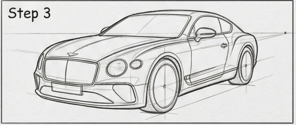 Pencil sketch of a luxury sports coupe, front three-quarter perspective, drawing tutorial Step 3