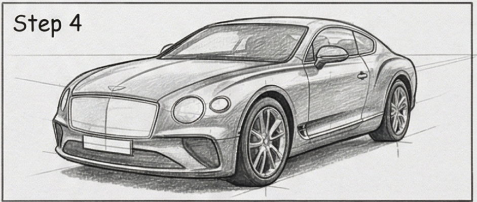 Pencil sketch of luxury sports coupe in front three-quarter view — drawing tutorial Step 4, shaded details and wheels