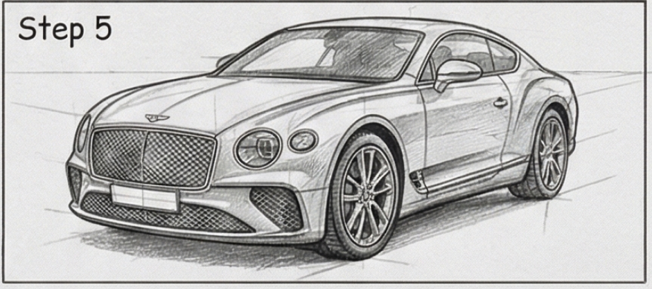 Pencil sketch of a luxury sports coupe, three-quarter front view with detailed grille, headlights and alloy wheels