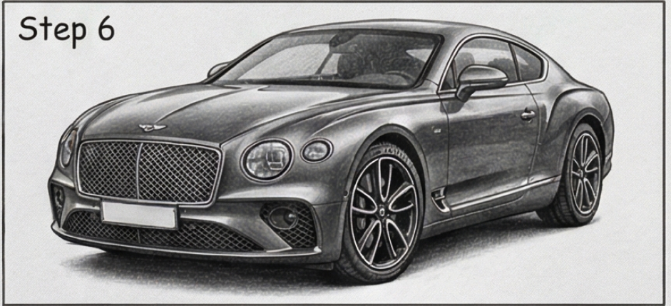 Detailed pencil sketch of Bentley Continental GT luxury coupe, front three-quarter view with shading and alloy wheel detail