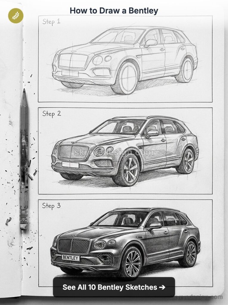 Step-by-step pencil sketches of a Bentley SUV on a sketchbook page with pencil, showing stages 1–3