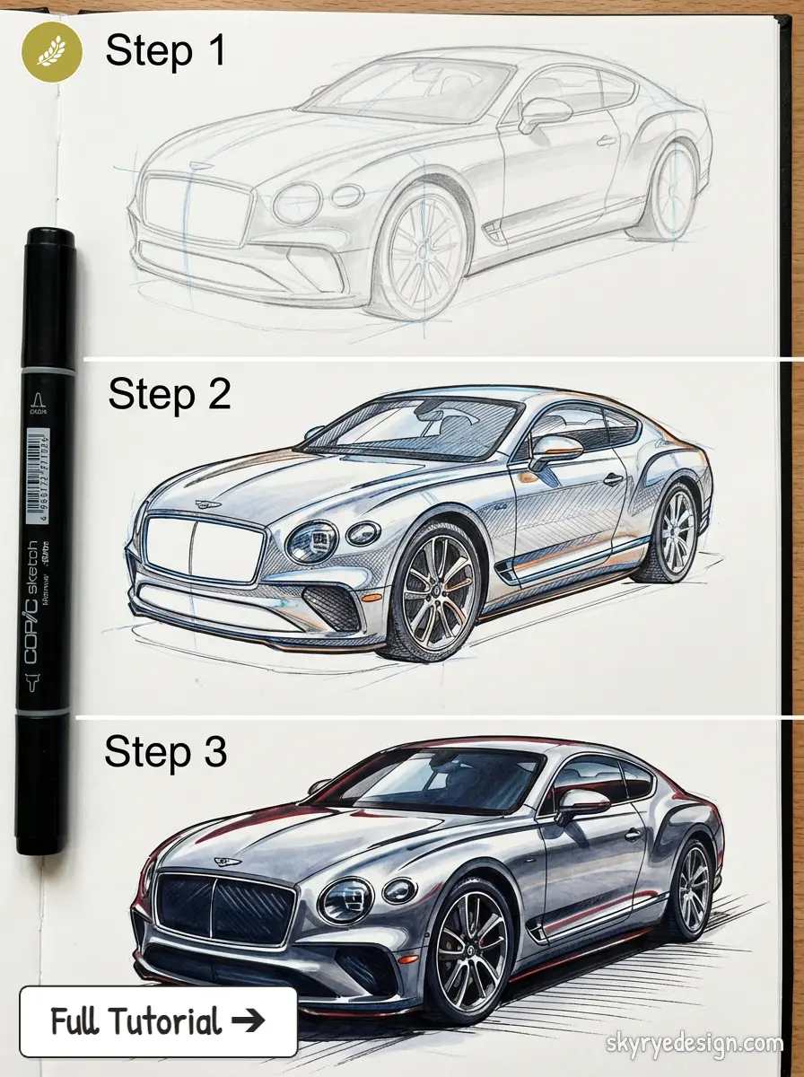 Three-step car drawing tutorial: pencil sketch, marker rendering, and final colored Bentley coupe illustration