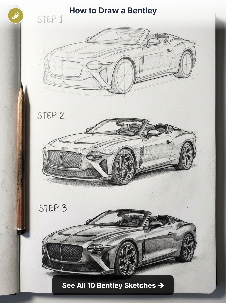 How to draw a Bentley tutorial: three-step pencil sketches of a Bentley convertible on a sketchbook page with a pencil
