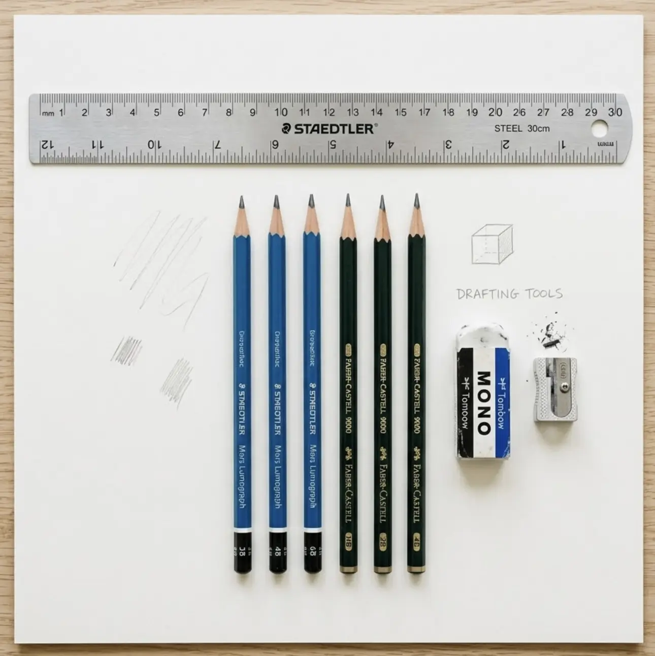 Drafting tools flatlay: steel 30cm ruler, six graphite pencils, Mono eraser and metal sharpener on white paper