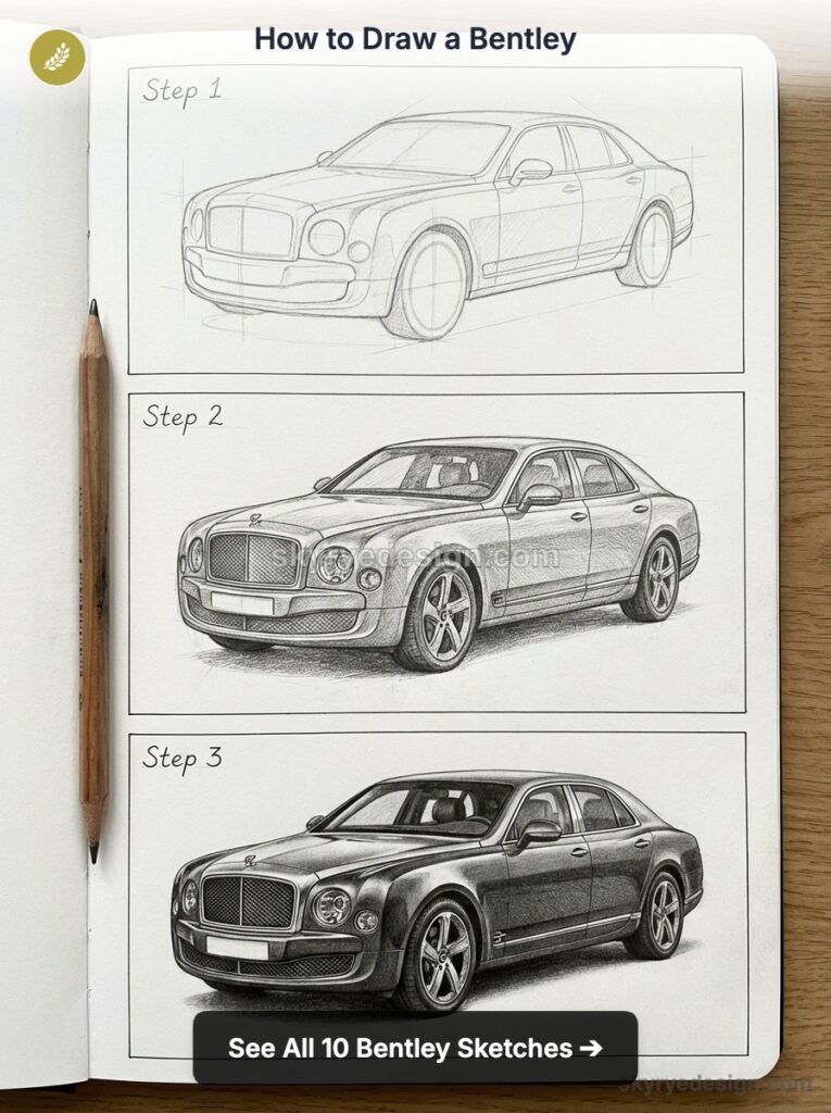 How to draw a Bentley: step-by-step pencil sketches of a luxury sedan in a sketchbook showing three drawing stages