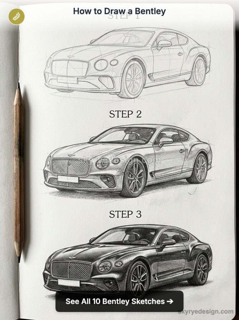 How to draw a Bentley: step-by-step pencil sketches in three stages on a sketchbook page with a pencil at left