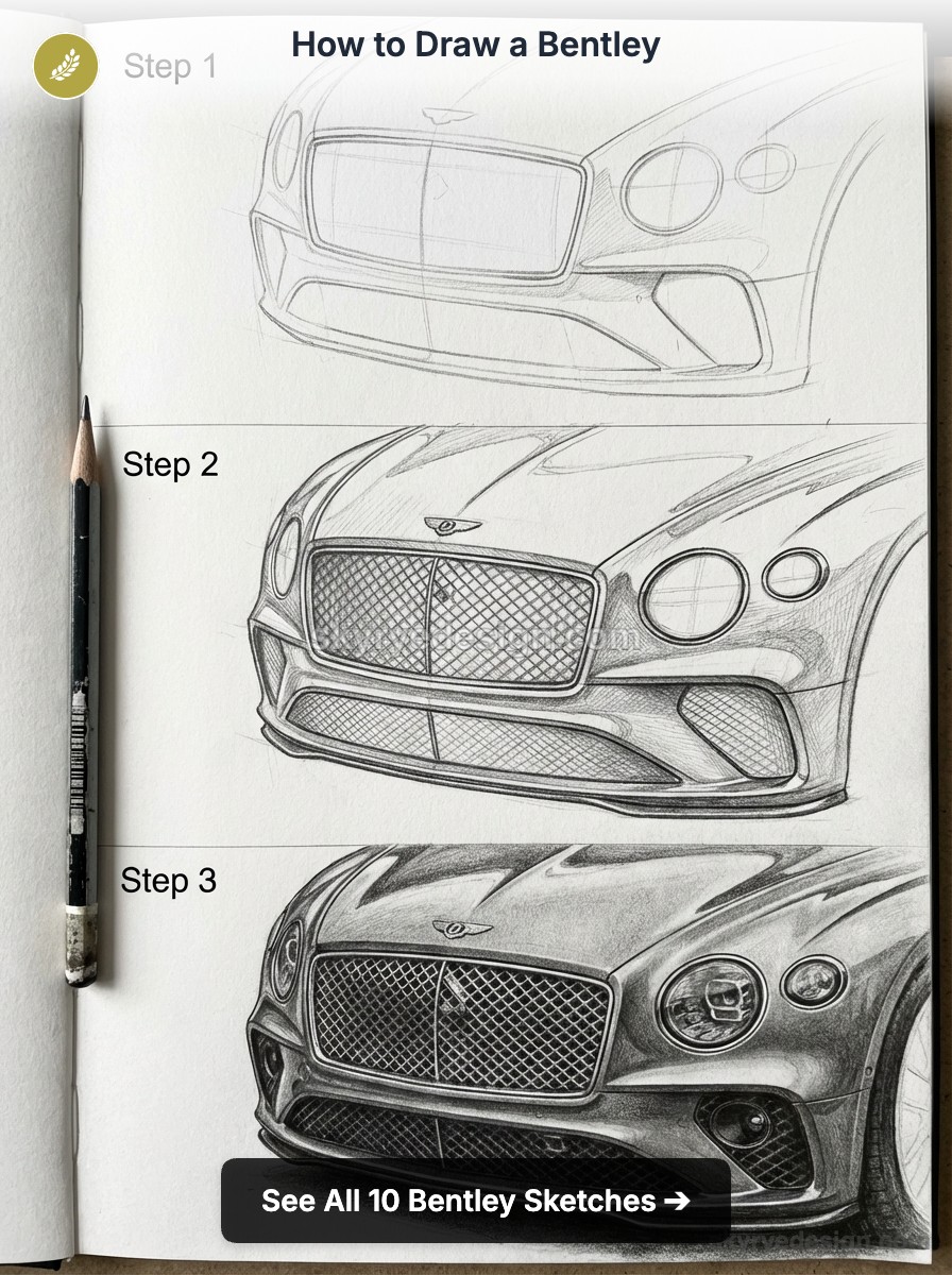 Bentley drawing tutorial: pencil sketch of front end in three step-by-step stages with pencil