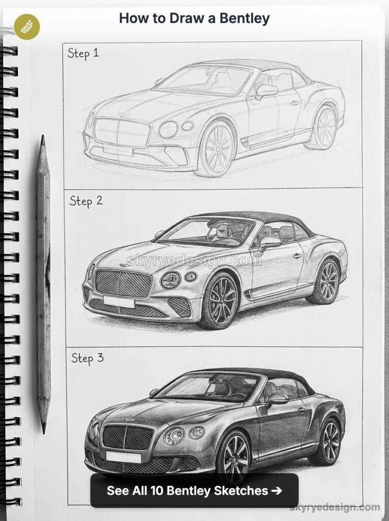 Step-by-step Bentley drawing tutorial: pencil sketches showing three stages of a Bentley convertible in a spiral notebook.