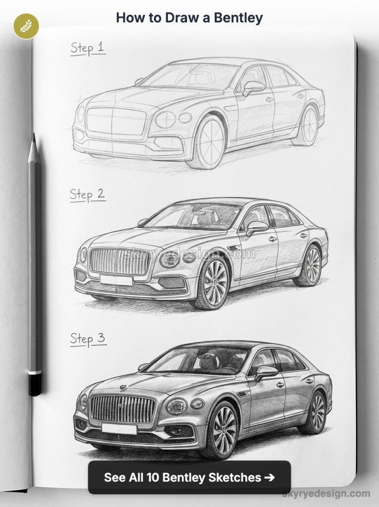 How to draw a Bentley: step-by-step pencil sketch tutorial showing three stages from outline to detailed rendering
