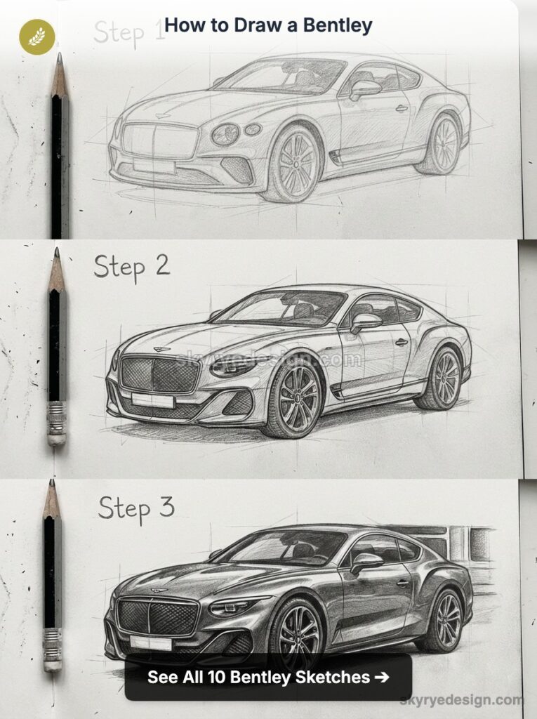 Bentley pencil sketch tutorial: step-by-step car drawing in three stages with pencils
