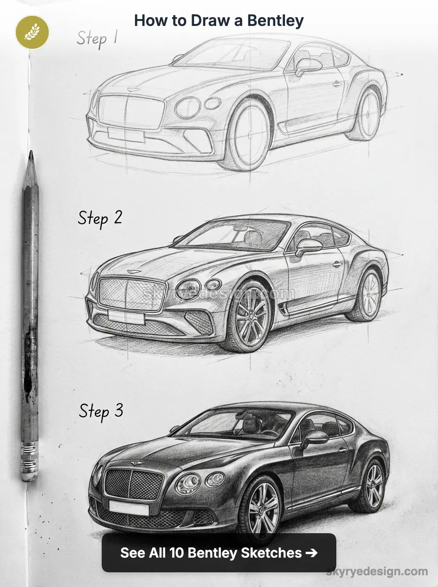 Bentley drawing tutorial: three-step pencil sketches of a Bentley car on paper with a pencil at left