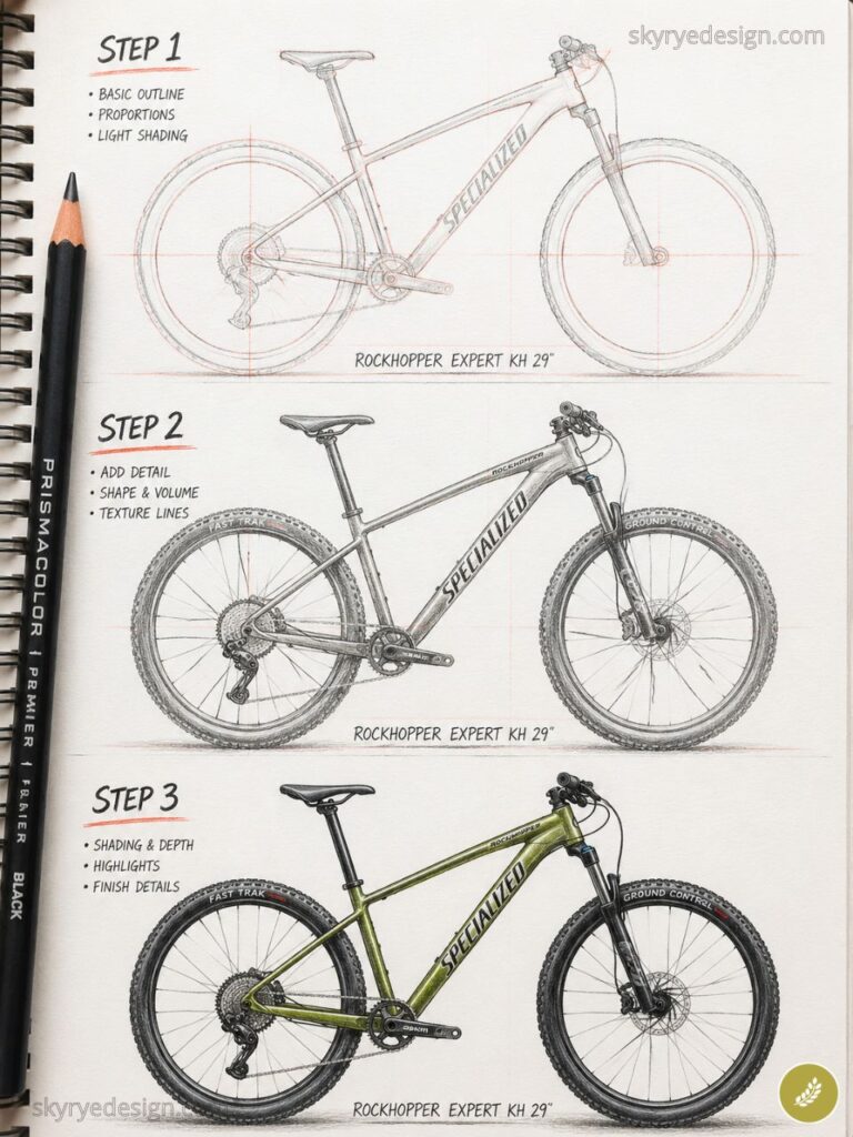 how-to-draw-additional-content-visual - 2026-06-03T162116131 Step-by-step bike sketch: Specialized Rockhopper Expert KH 29in from outline to detailed drawing to final green rendering. | Sky Rye Design Step-by-step bike sketch: Specialized Rockhopper Expert KH 29in from outline to detailed drawing to final green rendering.