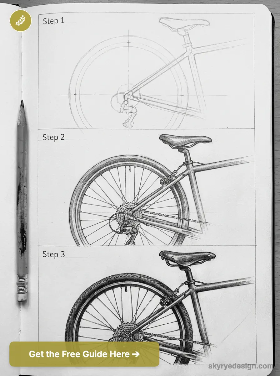 Three-step pencil drawing tutorial of a bicycle rear wheel and frame in a sketchbook