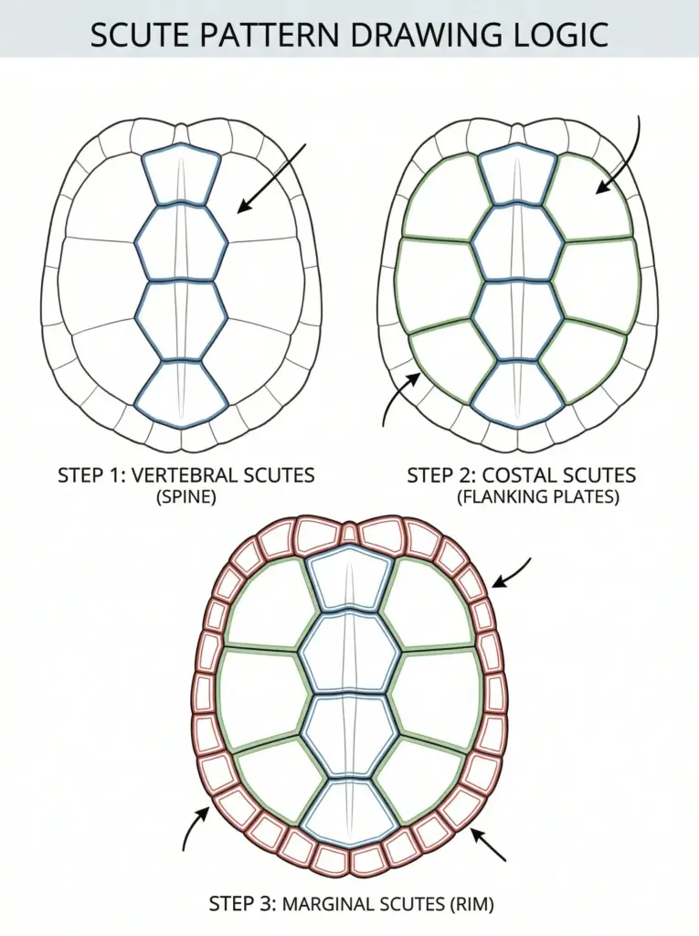 Turtle shell scute pattern diagram: Step 1 vertebral (spine), Step 2 costal (flanking plates), Step 3 marginal (rim) scutes