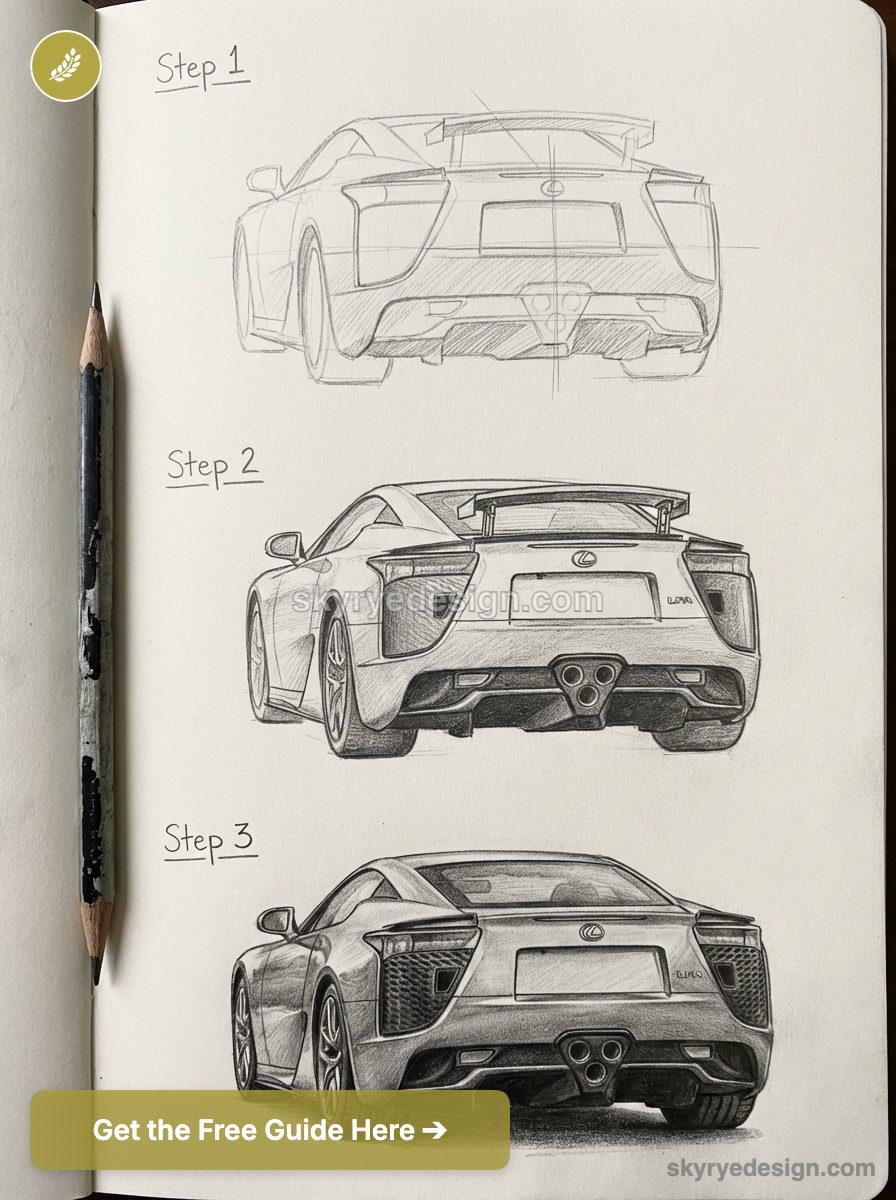 Pencil sketch step-by-step of a Lexus sports car rear view in sketchbook, three stages from rough outline to detailed shading