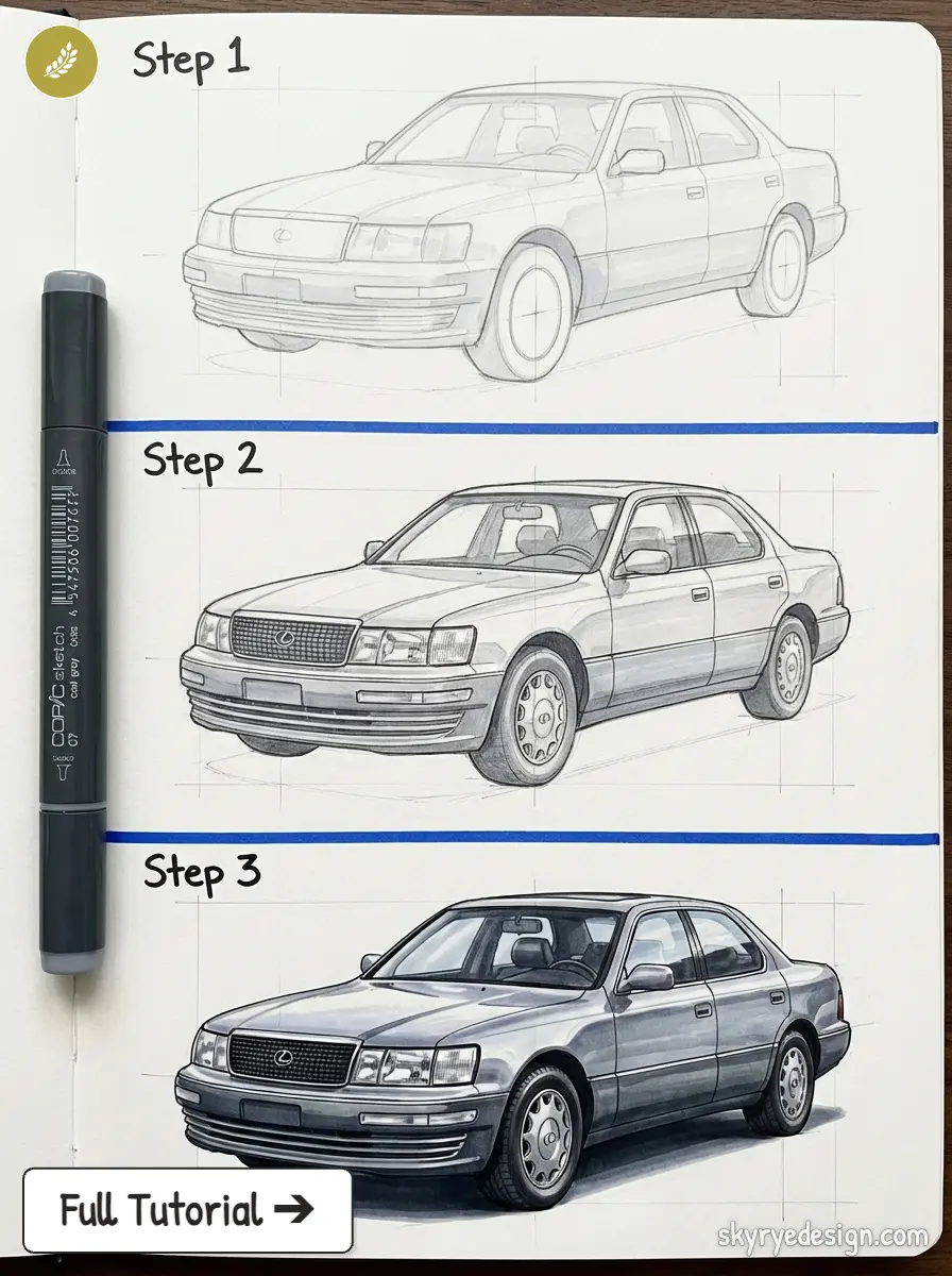 Car drawing tutorial: three-step progress from light sketch to detailed realistic sedan rendering