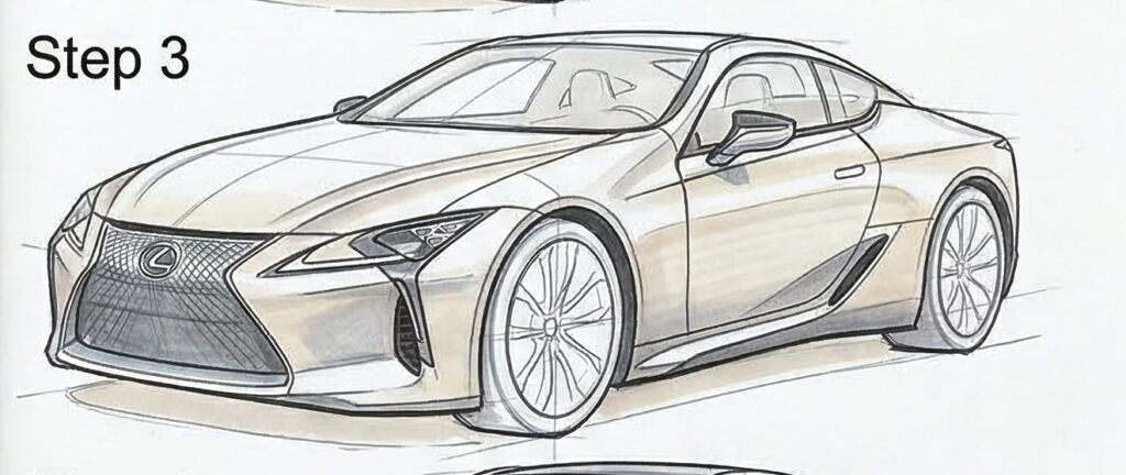 Step 3 Lexus coupe sketch, front three-quarter view, sleek silver sports car with prominent grille and wheels