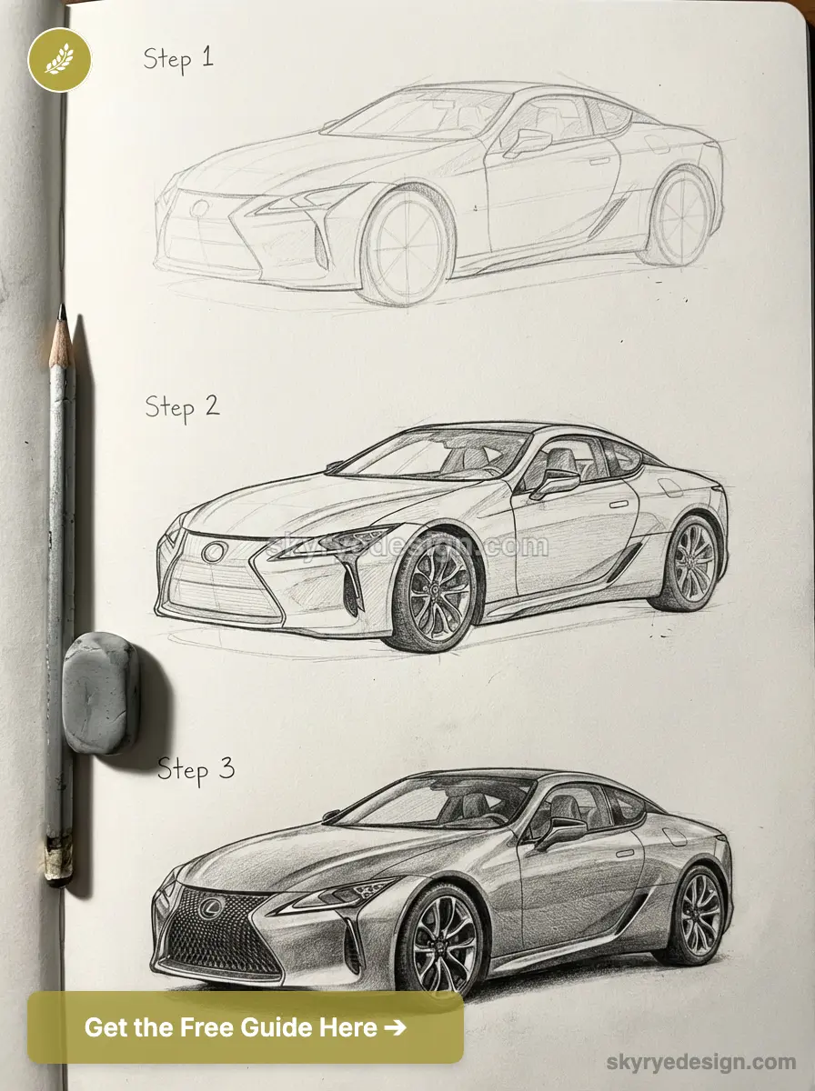 Step-by-step pencil drawing tutorial of a Lexus coupe in three stages on a sketchbook with pencil and eraser