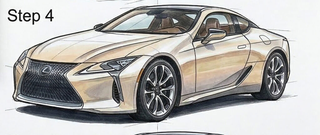 Lexus luxury coupe design sketch, front three-quarter view in gold with spindle grille and alloy wheels