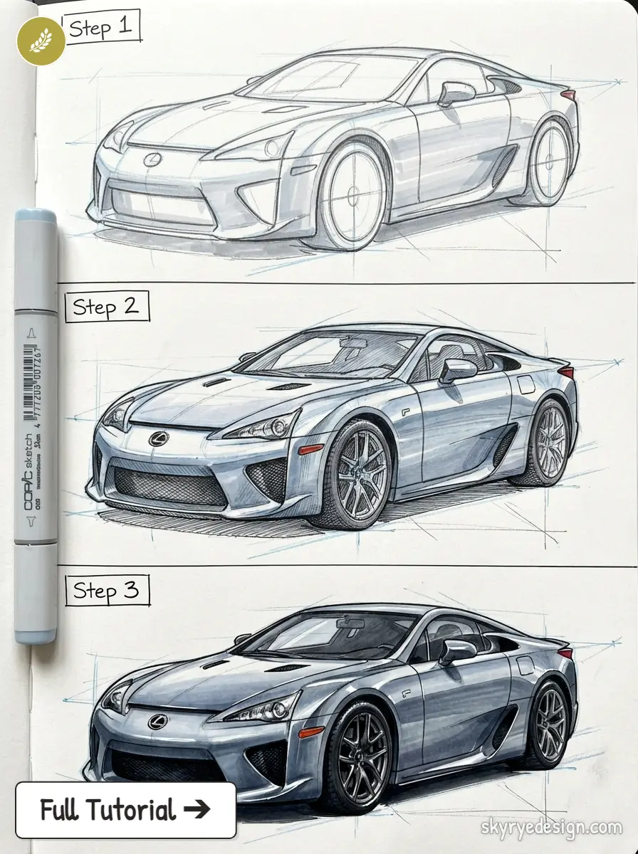 Lexus car sketch tutorial: three-step sports car drawing progression from rough concept to polished realistic rendering.