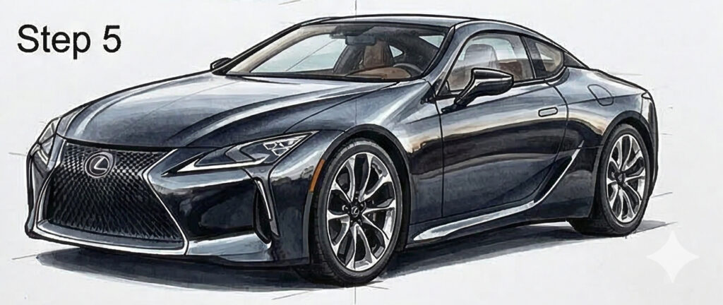 Dark metallic Lexus luxury sports coupe illustration, front three-quarter view sketch with Step 5 label
