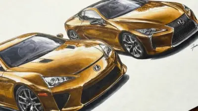 Gold Lexus concept car sketches of two luxury coupe designs in front and three-quarter views