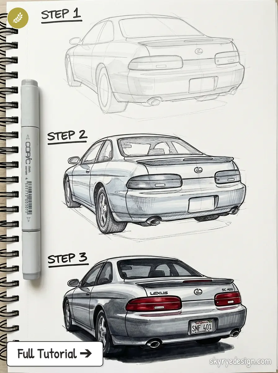 copic-tutorial-1773912900821 Lexus SC400 car drawing tutorial - step-by-step rear view sketch in sketchbook with Copic marker | Sky Rye Design Lexus SC400 car drawing tutorial - step-by-step rear view sketch in sketchbook with Copic marker