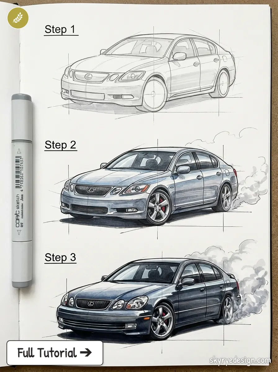 Three-step car drawing tutorial showing a Lexus sedan sketched from pencil outline to detailed colored marker rendering.
