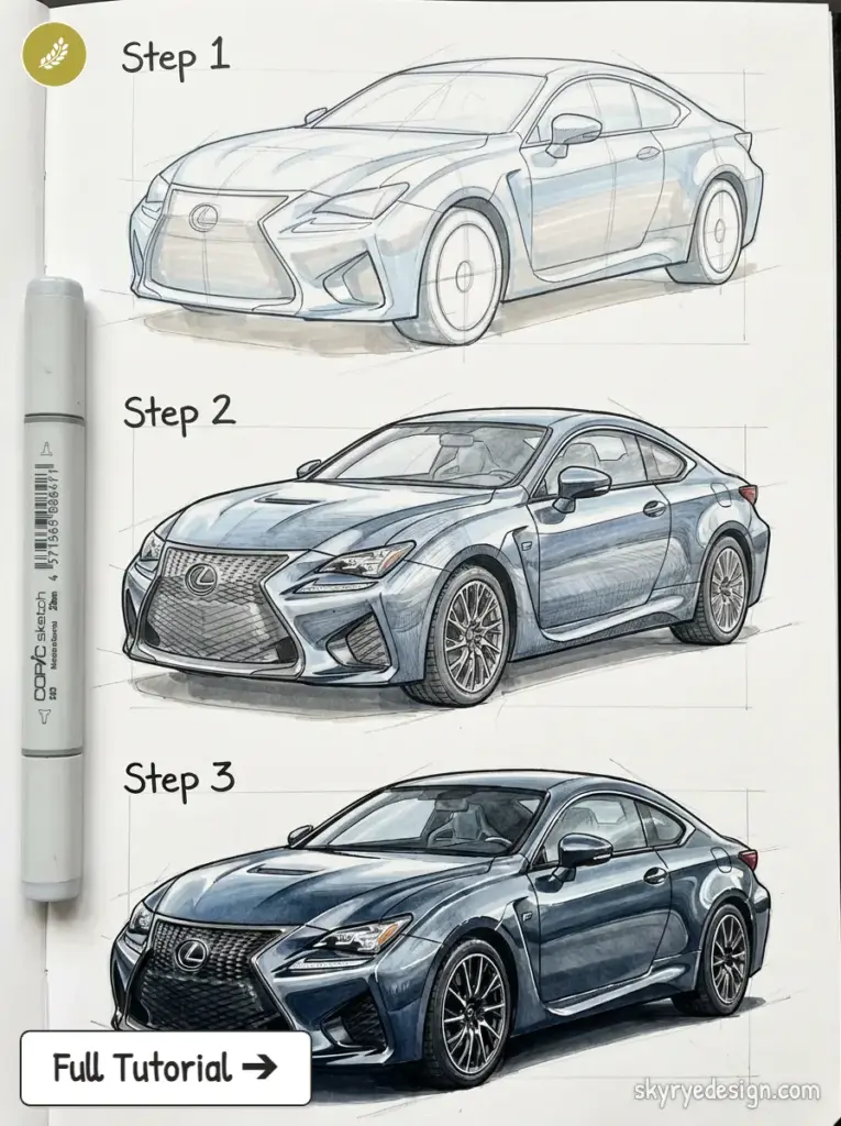 copic-tutorial-1773912822081 Three-step Lexus RC coupe drawing tutorial: sketch, marker shading, and final realistic rendering | Sky Rye Design Three-step Lexus RC coupe drawing tutorial: sketch, marker shading, and final realistic rendering