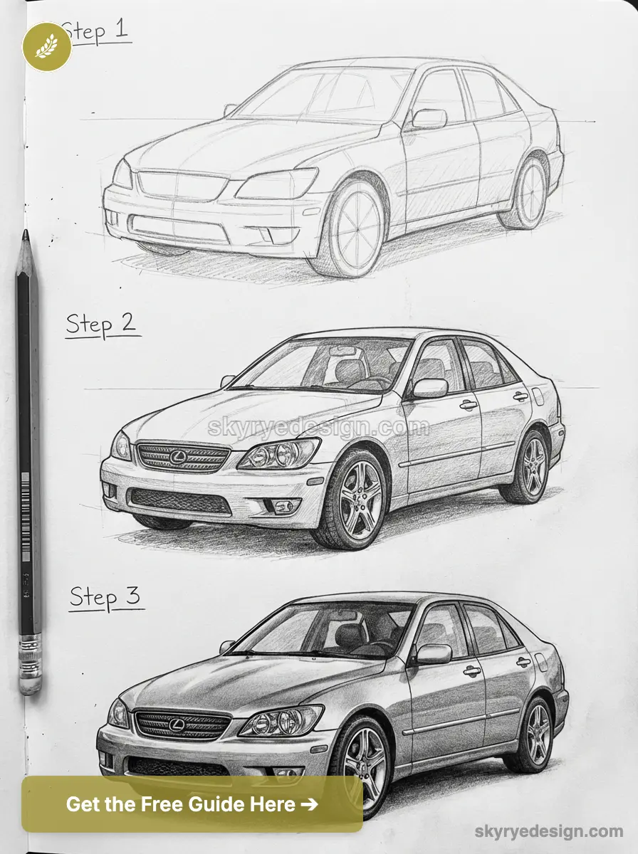 Three-step pencil sketch tutorial of a Lexus IS sedan, from rough outline to detailed realistic drawing