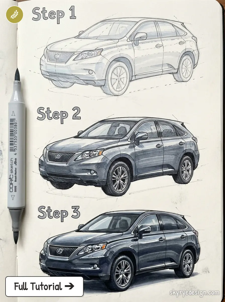 Sketchbook steps 1-3 showing Lexus RX drawing: pencil outlines to full marker render with Copic.