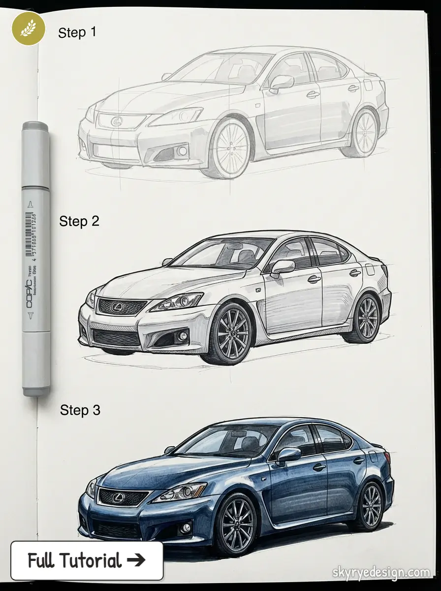 Step-by-step car drawing tutorial: Lexus IS sedan sketch to ink and full-color Copic marker illustration