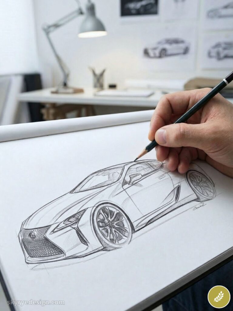 Hand sketching a Lexus concept car on sketchpad with pencil — automotive design concept drawing in studio workspace