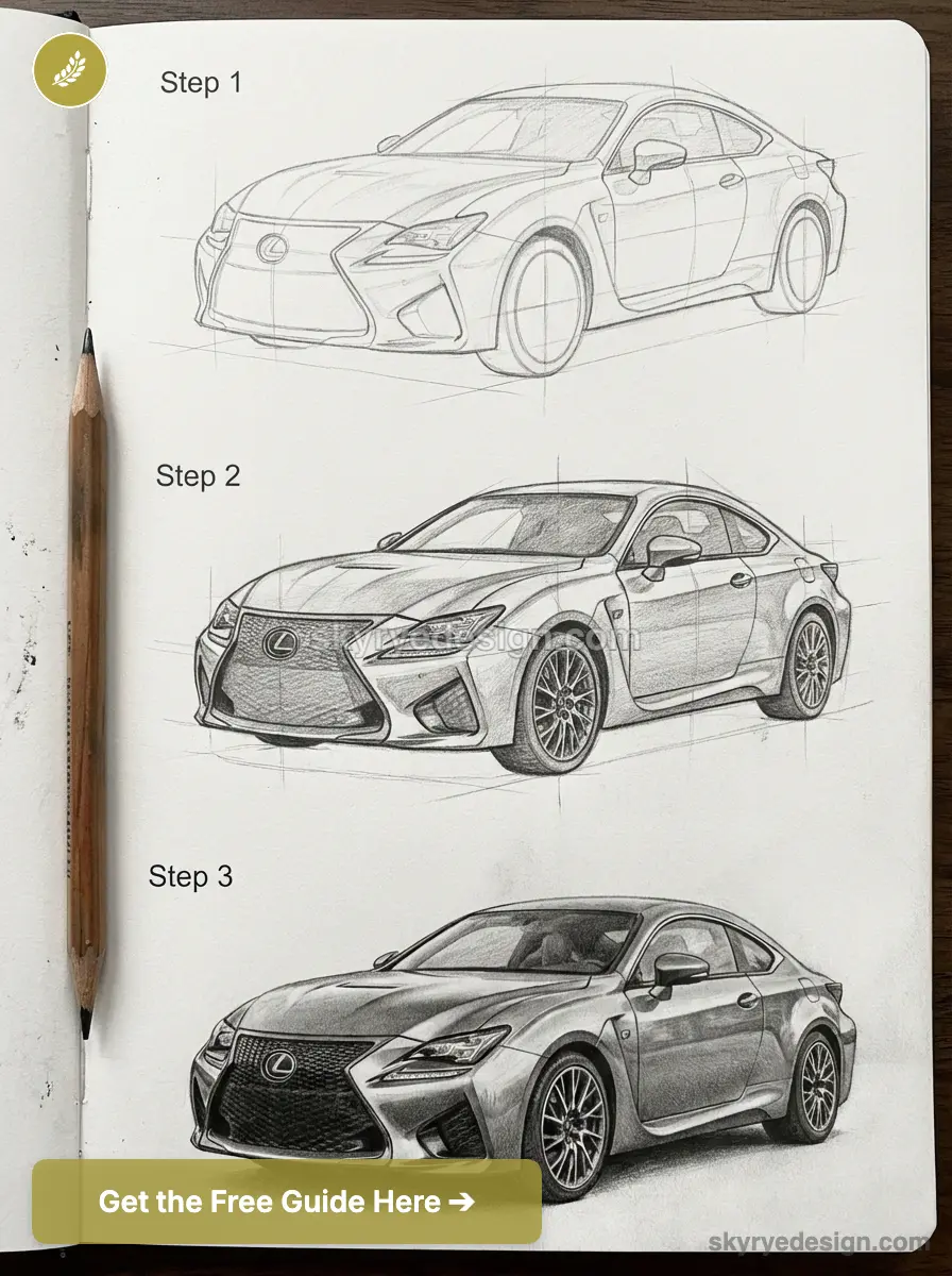 Pencil drawing tutorial: Lexus coupe sketch in three steps from outline to shaded realistic render in sketchbook