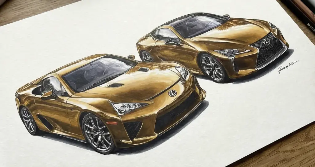 Hand-drawn gold Lexus sports car sketches on paper — luxury coupe rendering showing two angled perspectives