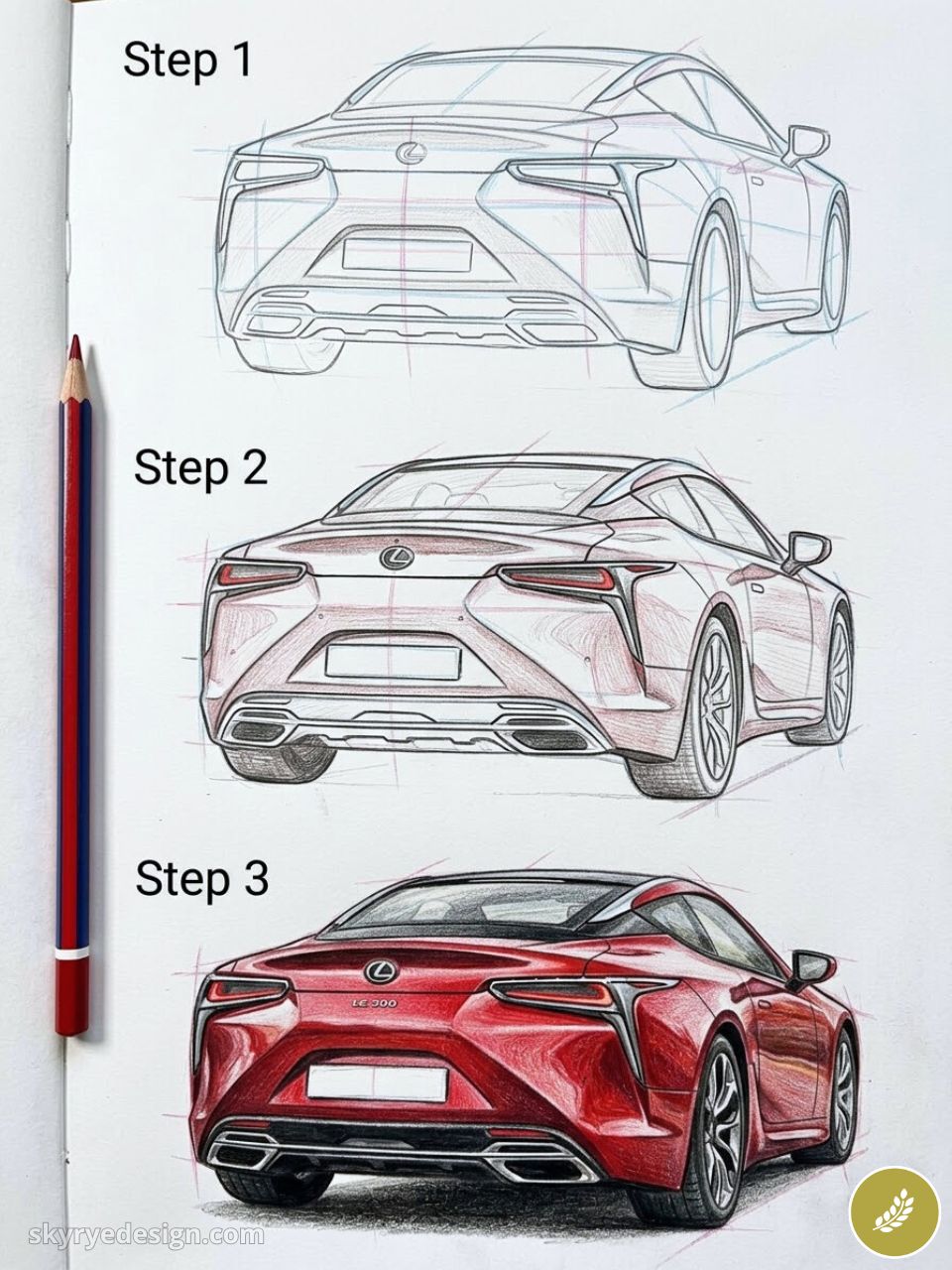 Step-by-step colored pencil tutorial: rear three-quarter sketches to final red Lexus coupe rendering (Steps 1–3)