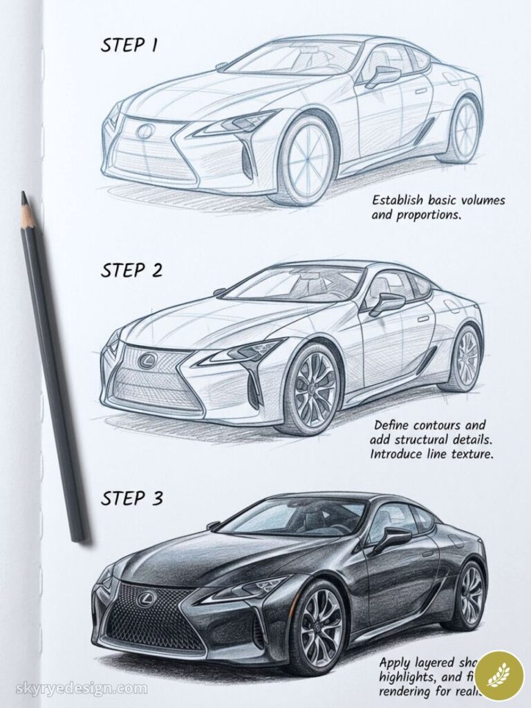 Step-by-step pencil car drawing: three stages refining a luxury coupe from basic volumes to realistic rendering.