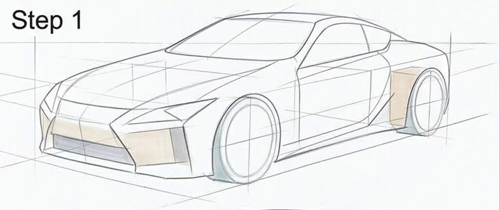 Car sketch tutorial: perspective front three-quarter sports car drawing with construction lines, labeled Step 1