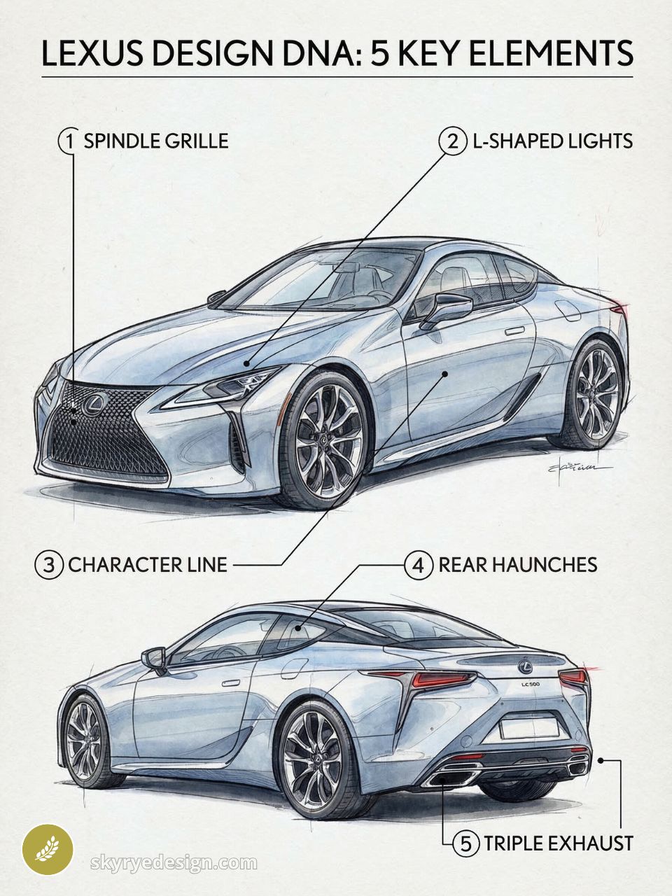 Lexus LC500 sketch showing spindle grille, L-shaped lights, character line, rear haunches and triple exhaust