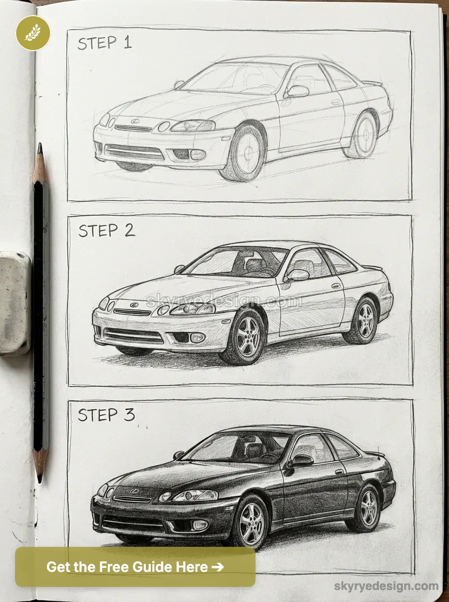 Step-by-step pencil car drawing tutorial showing three stages from rough outline to detailed, shaded coupe sketch.