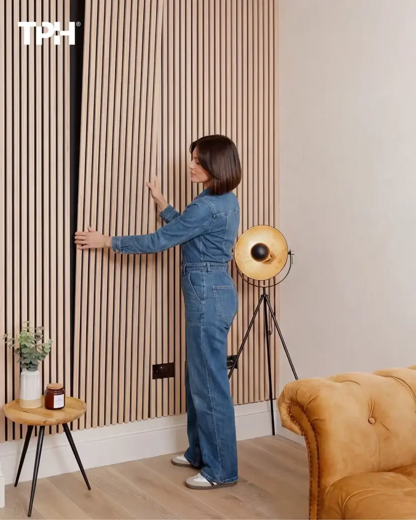 Wooden slat wall panels installation in modern living room, person fitting acoustic wall cladding beside lamp and sofa
