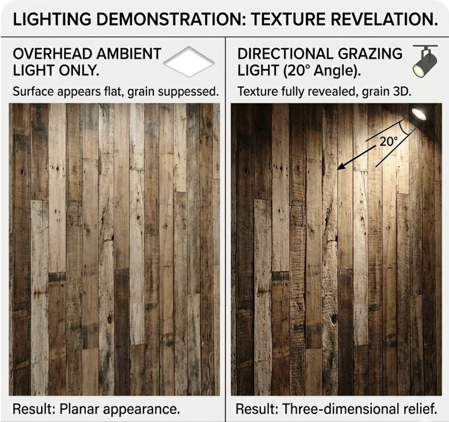 Lighting demonstration: overhead ambient vs 20° grazing light showing flat vs 3D wood plank texture.