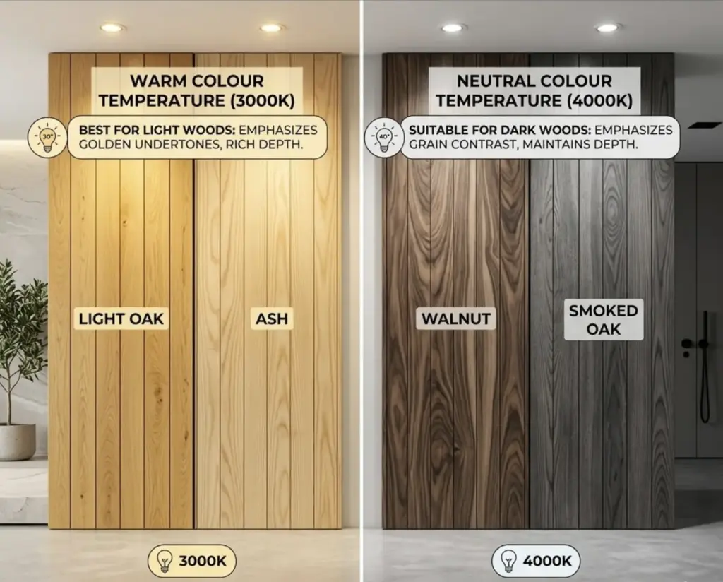 Lighting color temperature comparison: 3000K warm vs 4000K neutral on light oak, ash, walnut, smoked oak panels.