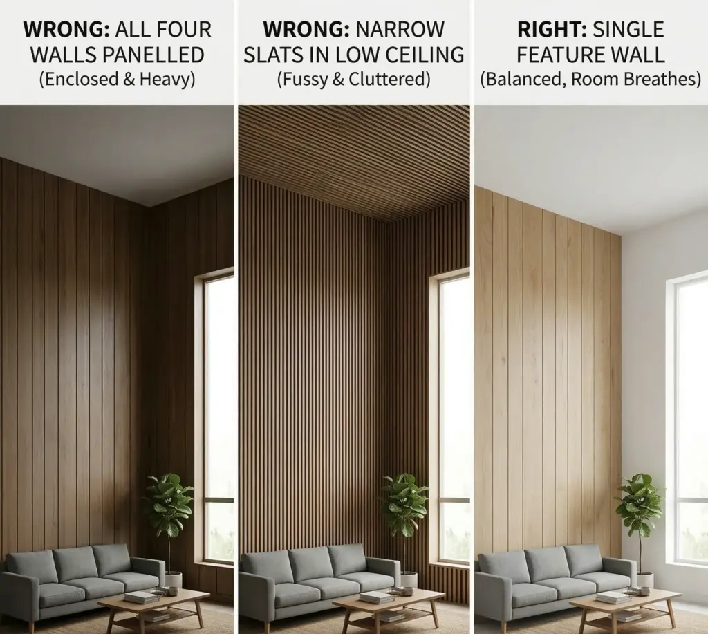 Living room wall paneling comparison: full dark panels, narrow slats, and recommended light single feature wall design