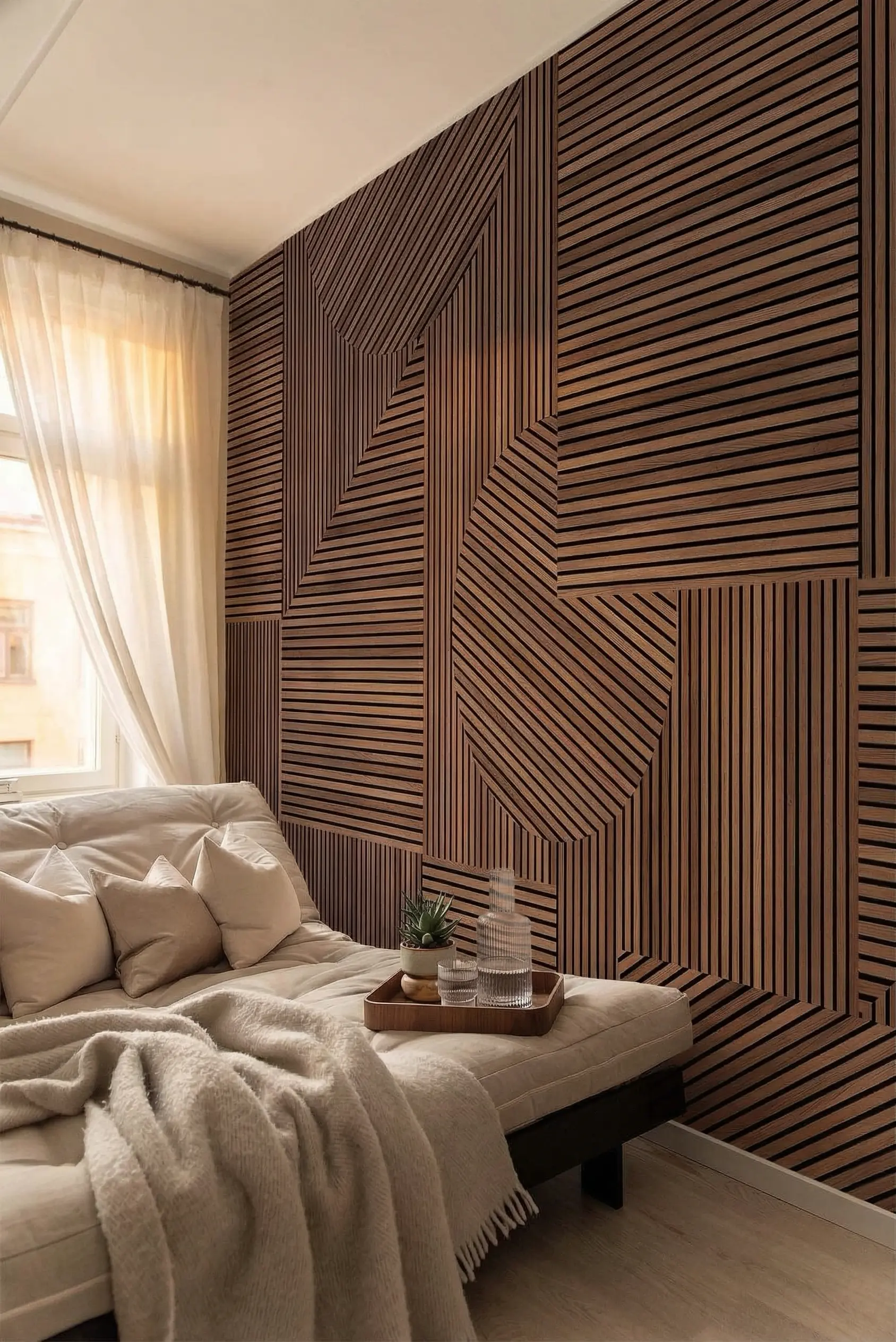 Modern bedroom with geometric slatted wood accent wall, neutral cozy daybed, soft throw and tray with glassware and succulent