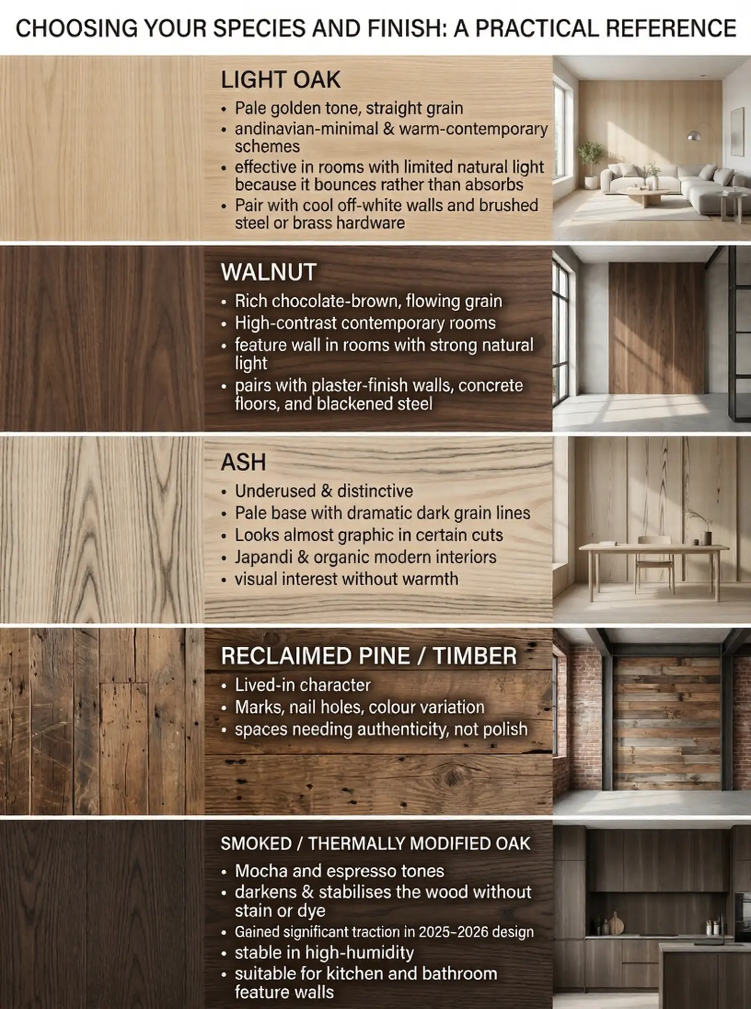 Infographic comparing wood species and finishes for interiors: Light Oak, Walnut, Ash, Reclaimed Pine, Smoked Oak.