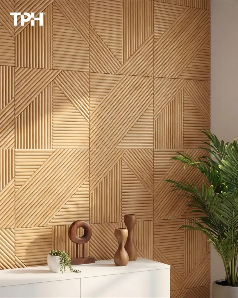 3D wooden geometric wall panels with white console, wooden decor and potted plant