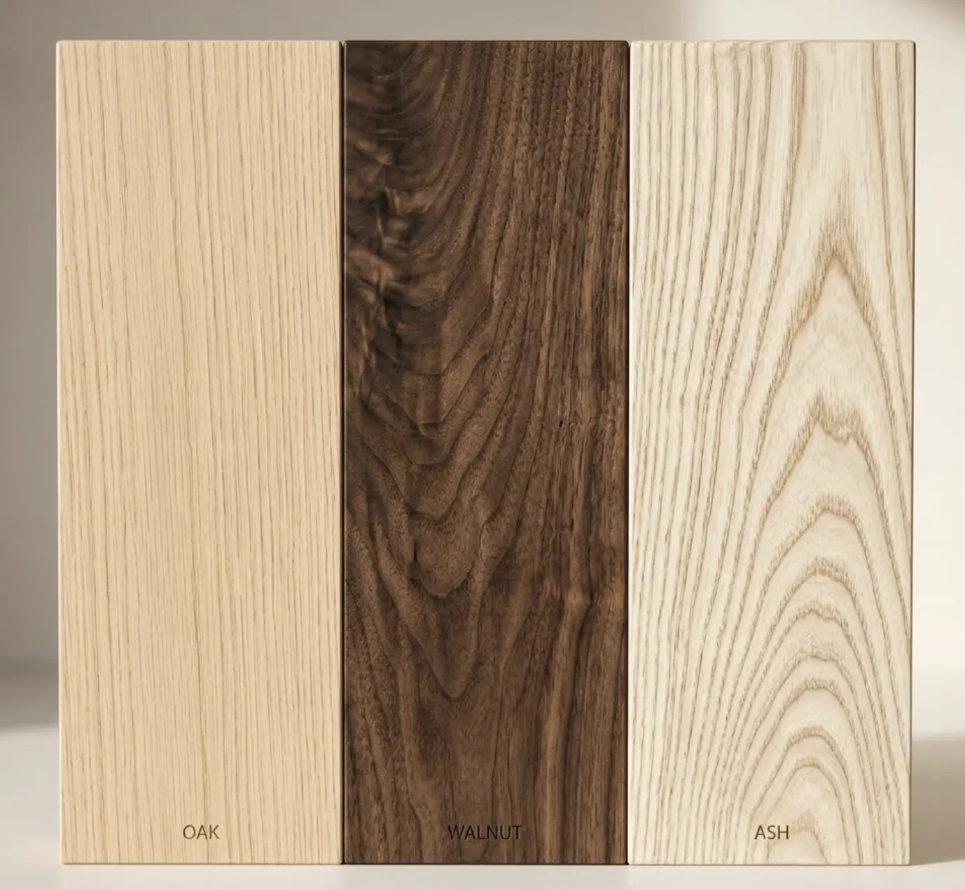 Wood samples: Oak, Walnut, Ash vertical grain panels for flooring and furniture swatches