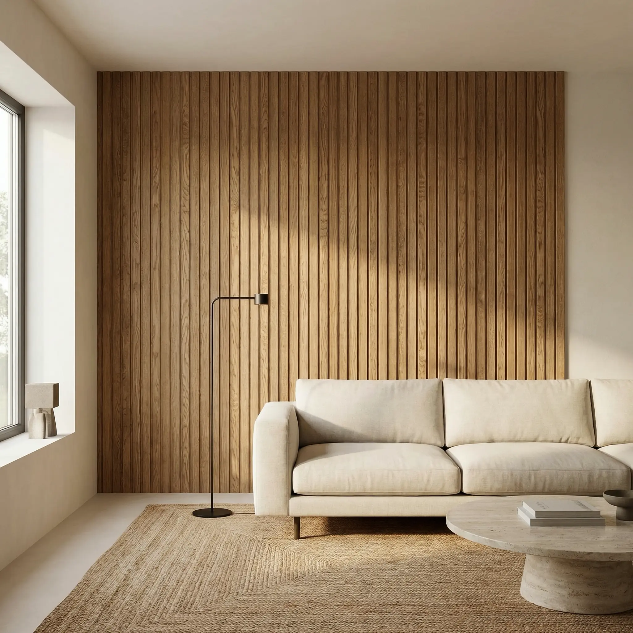 Minimalist living room with beige sofa, wood slat accent wall, black floor lamp, round coffee table, natural light.